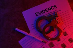 Applicant or fingerprints card with police handcuffs on table in dark room