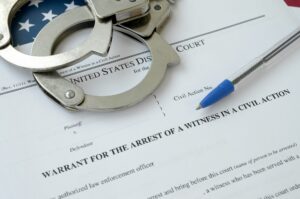 District court warrant for the arrest of a witness in a civil action papers with handcuffs