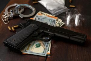 Drugs smuggling and trafficking, Handcuffs, pistol money and cocaine on wooden table background