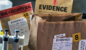 Files and evidence bag in a crime lab, conceptual image