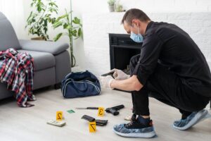 Forensics researcher photographing a blood at a murder scene