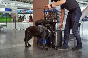 Security worker and detection dog checking luggage at airport