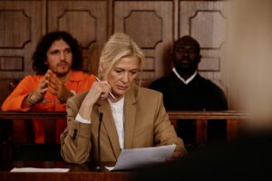 Serious mature female lawyer looking through juridical document during trial