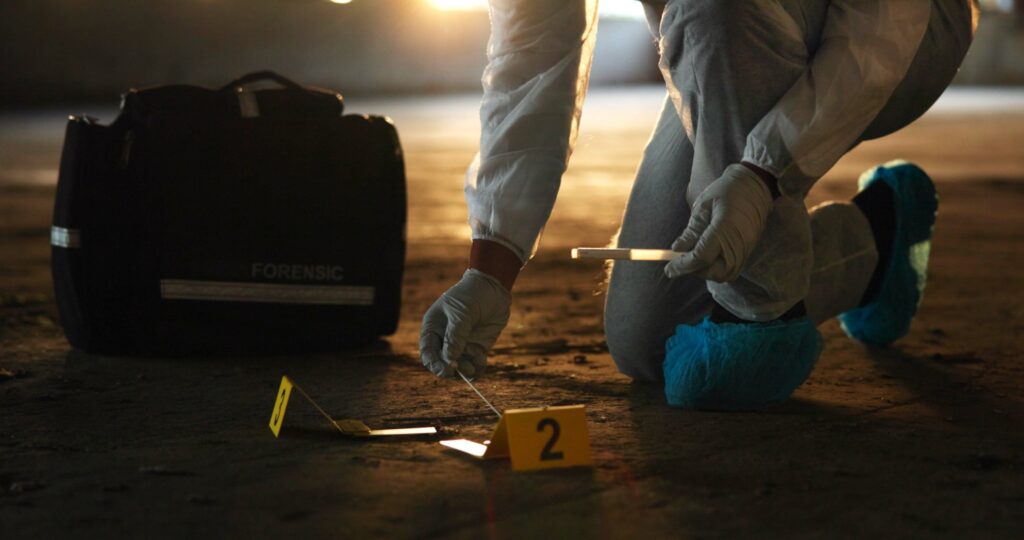 Crime scene, person and hands with swab for evidence, DNA sample and clue in abandoned warehouse. F