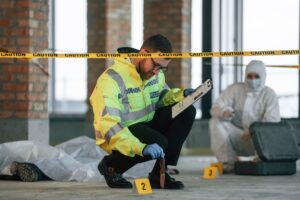 Detectives are collecting evidence in a crime scene near dead body. Forensic specialists