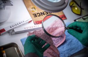 Police scientist inspects rape victim's underwear with a magnifying glass