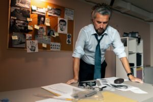 detective's office middle-aged investigator in shirt and tie studies evidence in search of the