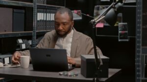 Male inspector studying report with criminal records