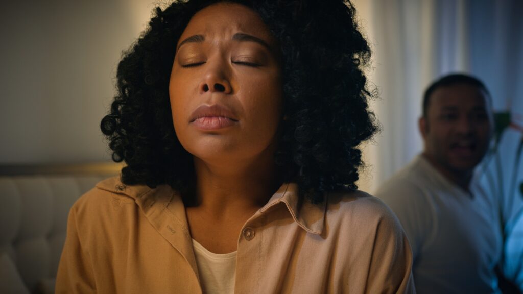 Suffering upset sad depressed anxious frustrated domestic violence victim African American woman