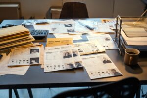 Workplace of fbi agent with criminal profiles, evidences and clues
