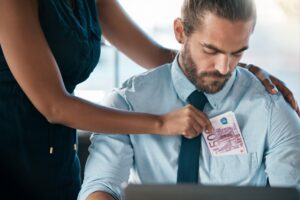 Business fraud, corruption and money crime, scam and criminal deal with woman giving man euro notes