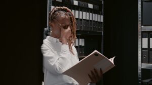 Detective inspector examining case files information