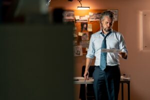 in the detective's office middle-aged investigator in a shirt and tie examines with a magnifying