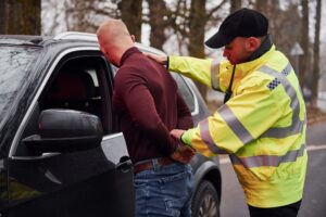 The police officer in green uniform detains the offender near car outdoors