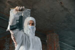 Woman in protective clothes is indoors holding pistol. Evidence of murder. Crime scene