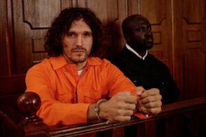 Young male suspect or prisoner in orange jumpsuit and cuffs around his wrists