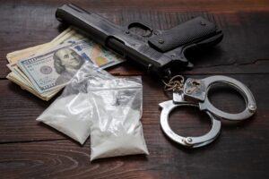 Drugs narcotics possesion and use, arrest and punishment for illegal business concept.