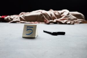 Dead female victim body at crime and murder scene