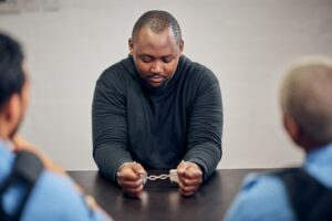 Interview, detective and suspect for crime in handcuffs for information about robbery at station. A