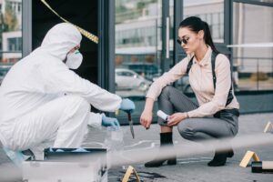 criminologist shows knife as a murder weapon to female detective