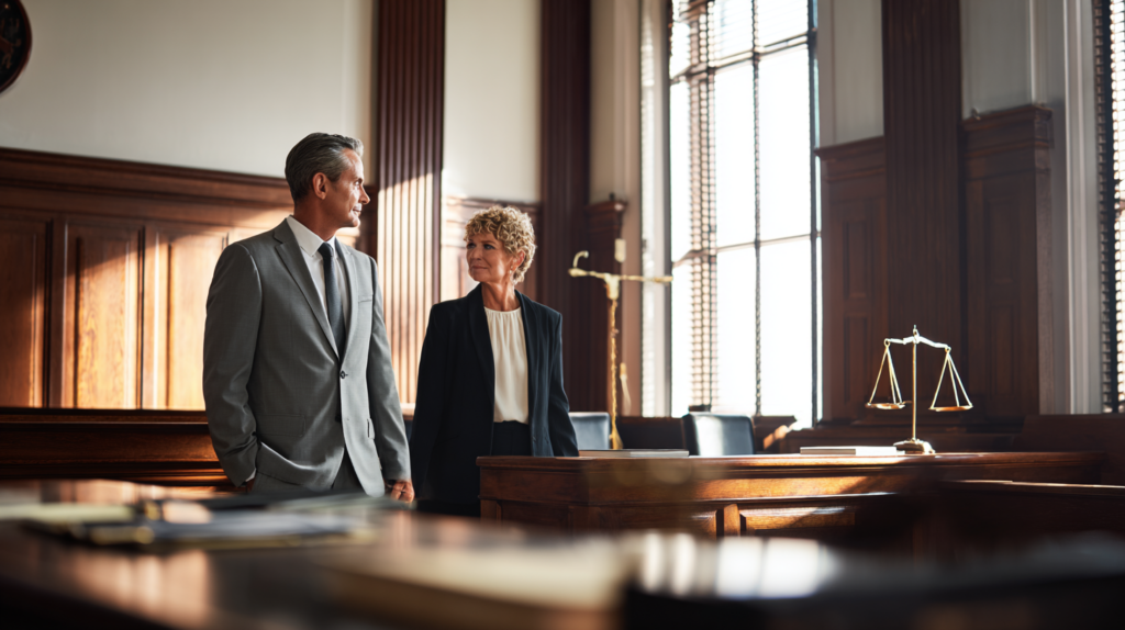 Defense attorneys discussing a criminal case inside a courtroom before legal proceedings.