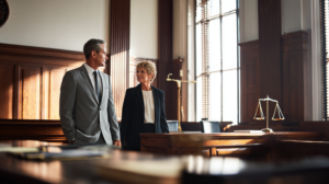 Defense attorneys discussing a criminal case inside a courtroom before legal proceedings.