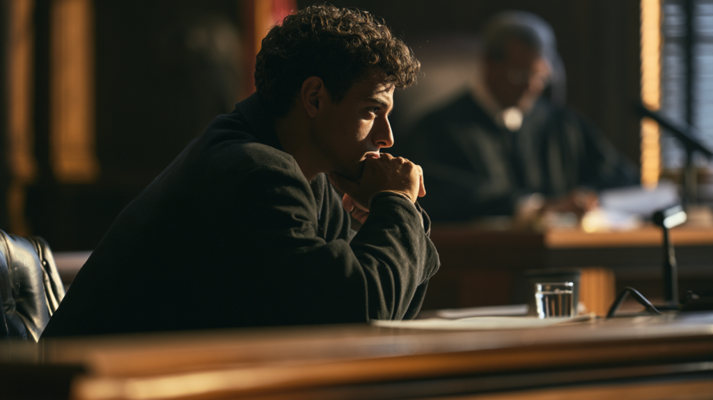 Defendant seated at the defense table during a Nevada murder trial while awaiting courtroom proceedings.