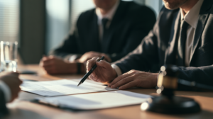Attorney reviewing and signing legal documents during a criminal defense case meeting.