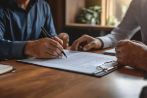 Experienced Las Vegas criminal defense attorney reviewing legal registration documents with a client during a confidential consultation in a modern law office.