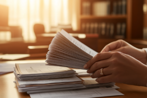 Attorney organizing certified documents for a Nevada sex offender registration termination petition
