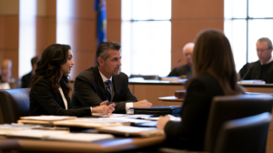 Nevada drug court hearing with a defense attorney, treatment counselor, and client discussing diversion eligibility.