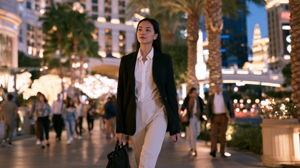 Woman walking along the Las Vegas Strip while learning about Nevada public intoxication laws.