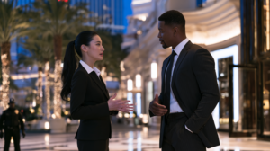 Two adults outside a Las Vegas casino illustrating how a verbal dispute can lead to a disorderly conduct charge under Nevada law.