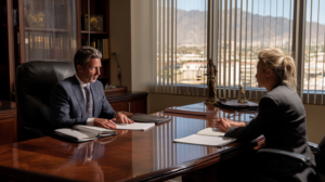Las Vegas defense lawyer meeting with a client to discuss post-conviction relief and criminal appeal options.