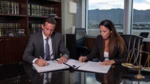 Federal crimes defense lawyer in Las Vegas reviewing legal documents with a client before federal court proceedings.