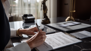 Legal professional reviewing incident records and supporting documents for a Nevada self-defense claim.