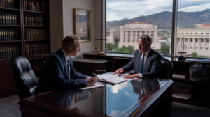 Las Vegas federal defense attorneys discussing legal strategy and federal court procedures during a client meeting.