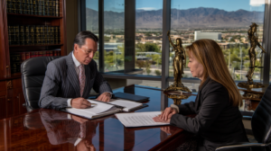 Murder defense attorney meeting with a client to prepare an alibi strategy for trial in Nevada.
