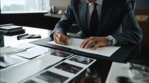 Defense attorney analyzing photographs, notes, and timeline evidence for a Nevada Stand Your Ground case.