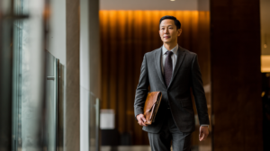Nevada criminal defense attorney carrying legal documents while preparing a financial crime defense.