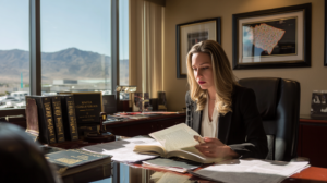 Criminal defense lawyer reviewing financial records and Nevada statutes in an office.