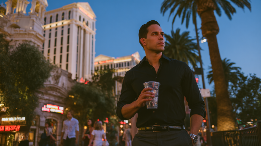 Tourist walking along the Las Vegas Strip with a plastic drink cup while learning about Nevada open container laws