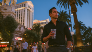 Tourist walking along the Las Vegas Strip with a plastic drink cup while learning about Nevada open container laws