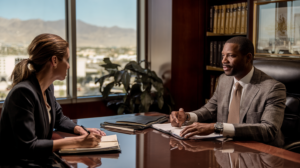Nevada murder defense lawyer discussing a self-defense strategy with a client in a law office.