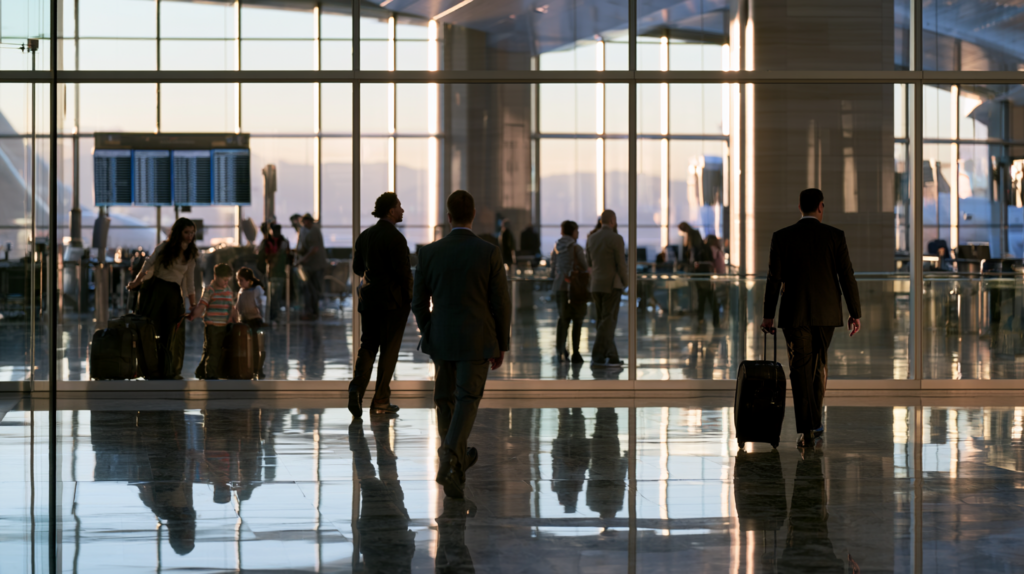 Travelers at Harry Reid International Airport in Las Vegas representing how a Nevada DUI can affect immigration status and international travel.