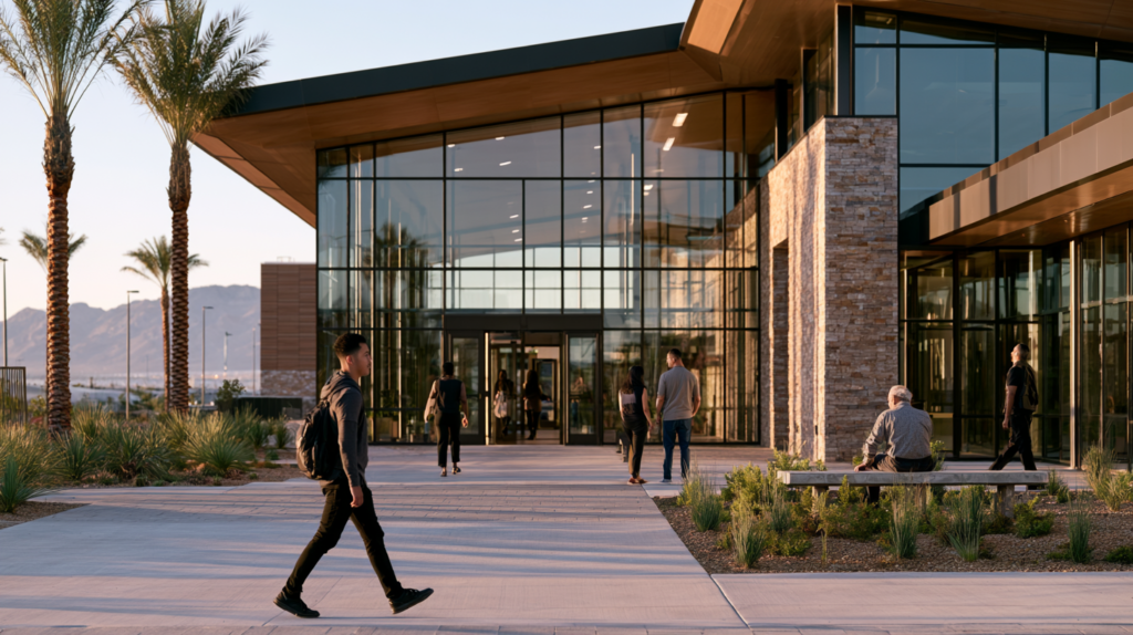 People arriving at a rehabilitation and legal services campus in Las Vegas representing Nevada drug court eligibility and treatment opportunities.