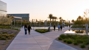 Families and young adults walking along different pathways in a Las Vegas civic park representing the three juvenile record sealing timelines in Nevada.