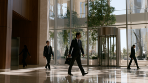 Professionals walking in different directions inside a Las Vegas office tower representing how DUI plea decisions can affect immigration outcomes.