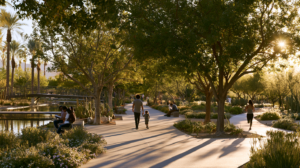 Adults and families in a Las Vegas botanical garden representing the passage of time before juvenile record sealing eligibility in Nevada.