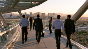 People crossing a pedestrian bridge in Las Vegas representing immigration waivers, legal guidance, and second chances after a Nevada DUI.